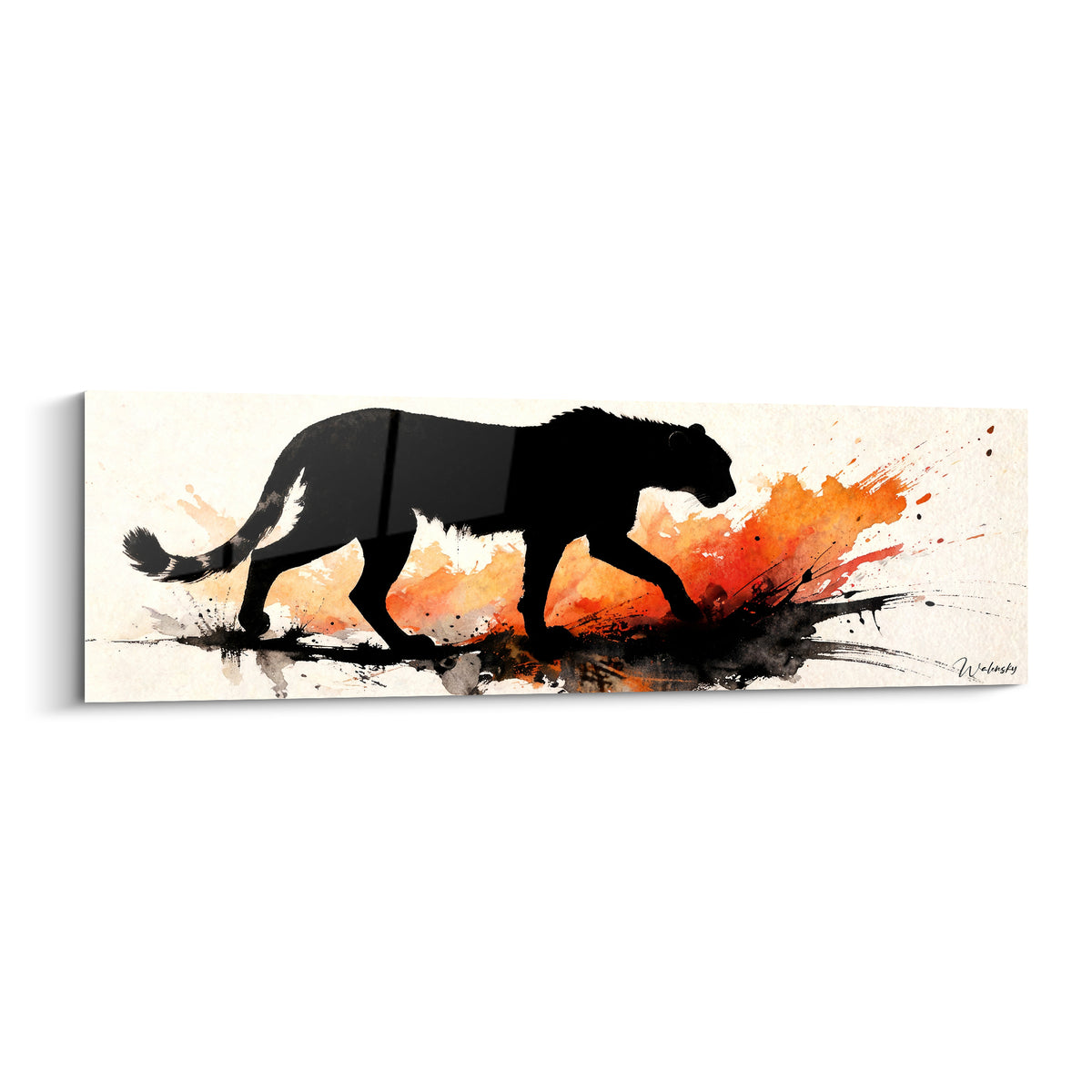 Guépard en silhouette noire marchant devant des éclaboussures orange et rouges sur fond ivoire