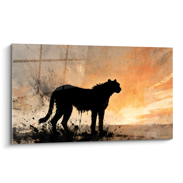 Tableau Guépard silhouette noire fond orange et gris coulures d'encre - Profil au regard tourné - Edition Guépard