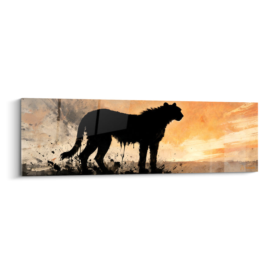 Tableau Guépard silhouette noire et orange face au vent - Éclaboussures sombres au sol - Edition Guépard