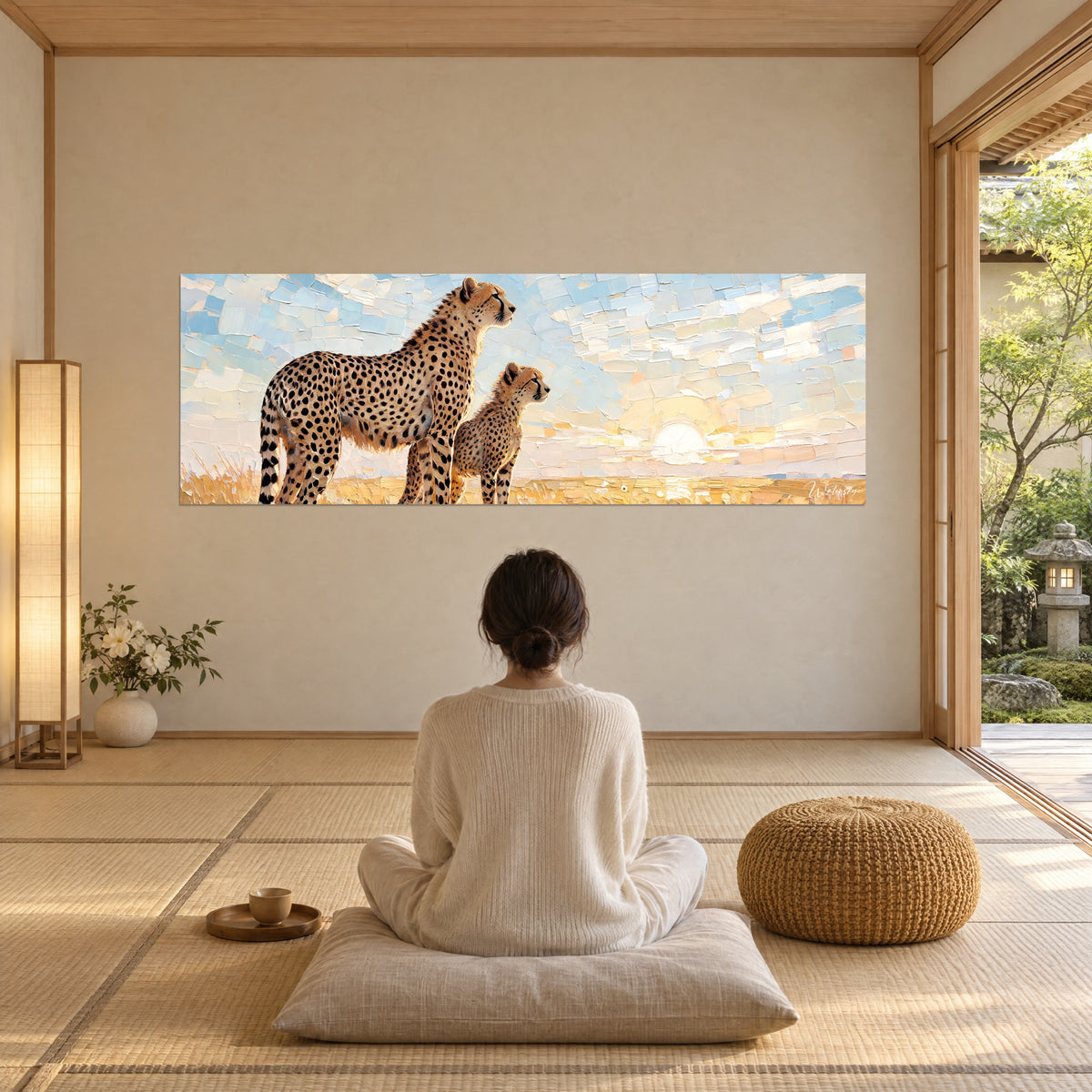 Wall art cheetah family facing the white sun, golden grasses in thick impasto, glacier blue sky, woman seen from behind seated on a cushion in a zen room
