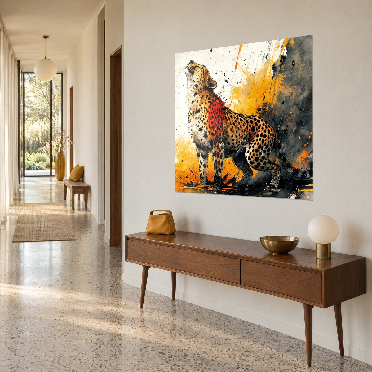 Wall art spotted wild cat rising under a rain of ink, saffron yellow and charcoal grey, beige wall of a 1950s house hallway