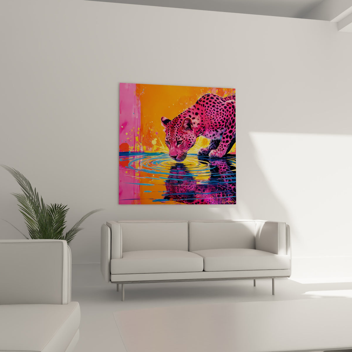 Félin rose et orange lapant l'eau parmi des reflets bleus, au-dessus d'un canapé dans un salon lumineux