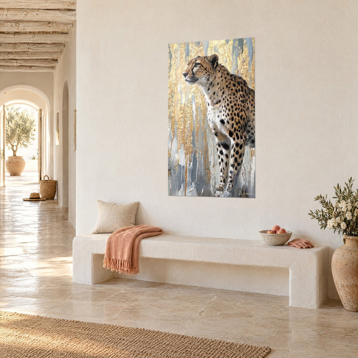 Wall art of a cheetah gazing toward the horizon, black spots on sandy fur, golden streaks, cream wall and white bench