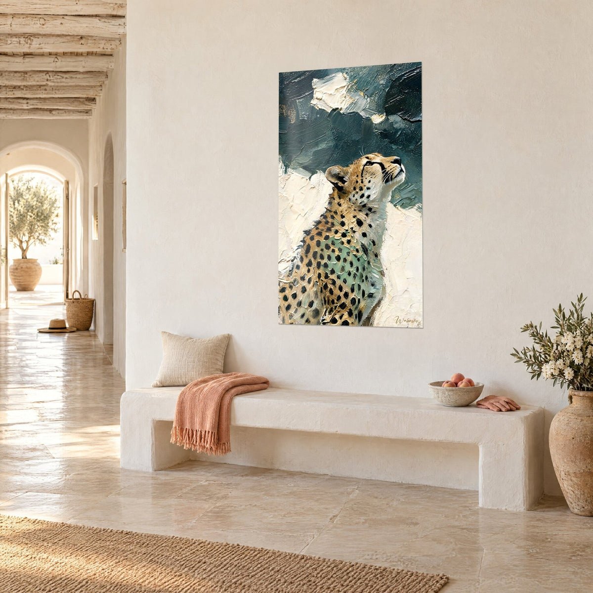 Wall art golden feline with black spots, gaze turned to the sky, cream and charcoal impasto, on the wall of a vaulted Mediterranean hallway
