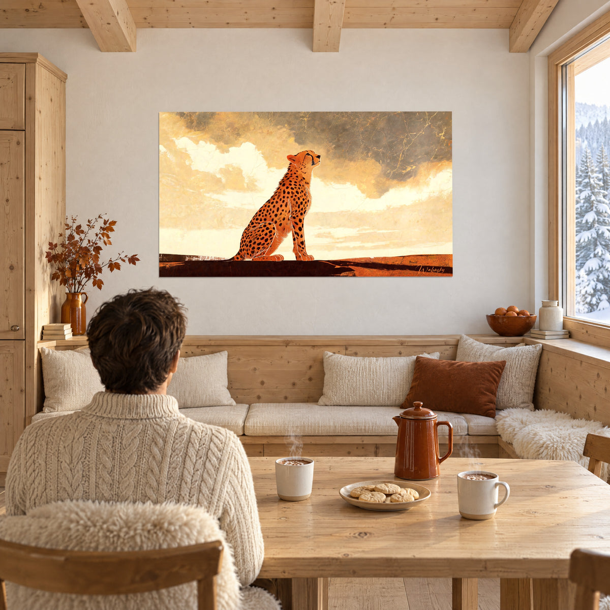 Wall art copper cheetah silhouette on a brown ridge, beige and grey clouds, facing a couple seen from behind near an oak table