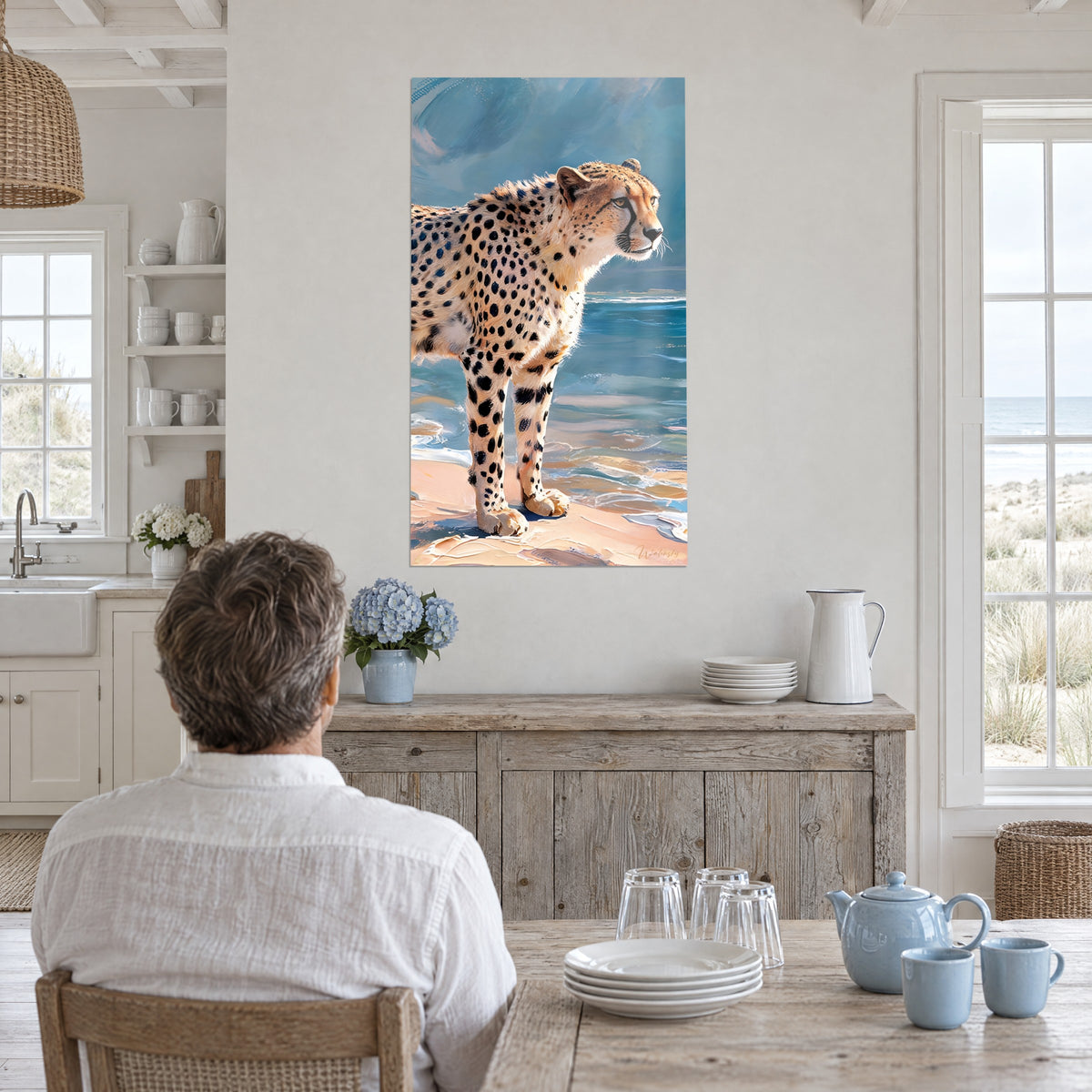 Wall art cheetah on alert on the shore, cream and ochre coat, blue ocean and pastel sky, bright seaside kitchen