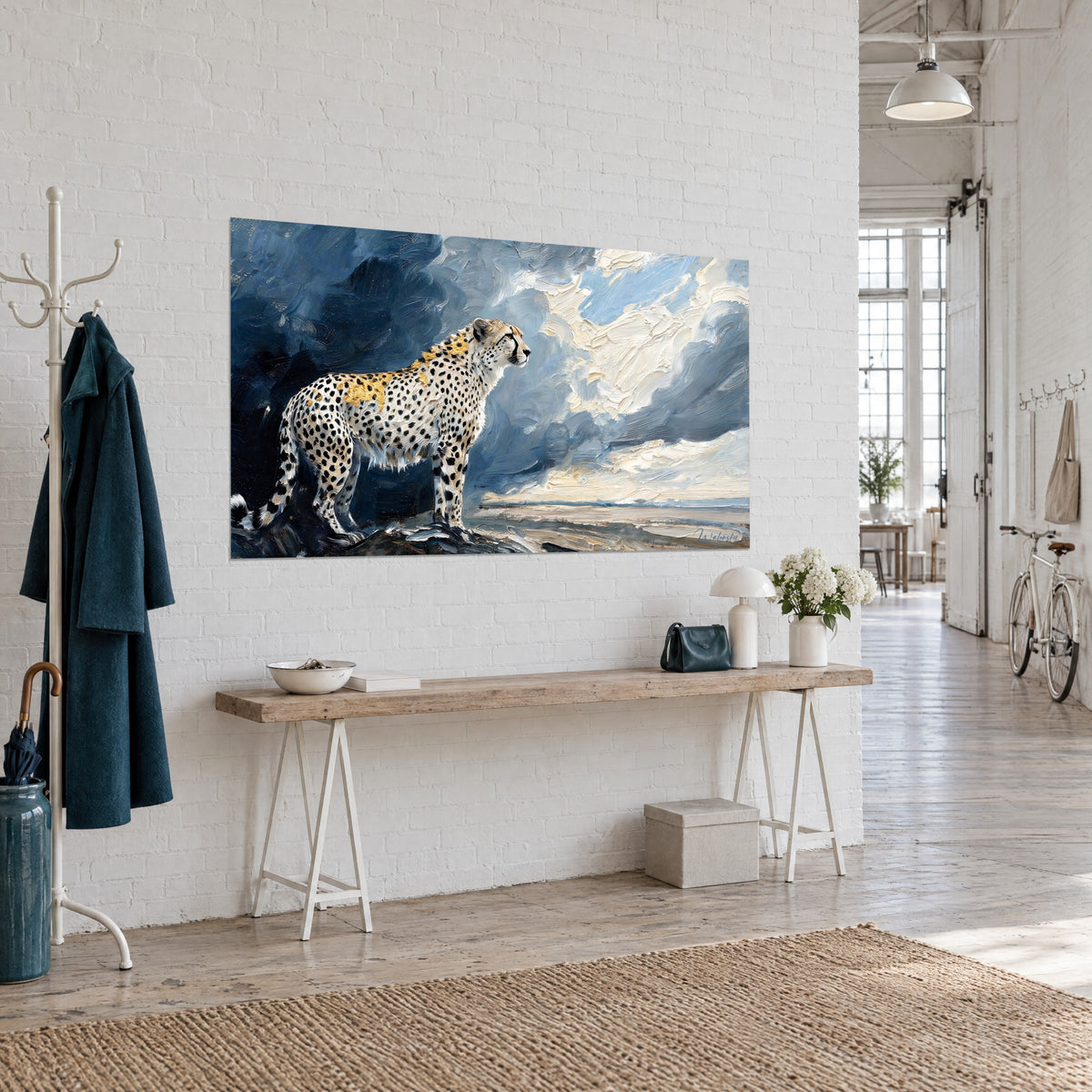 Wall art black-spotted big cat perched on a rock, indigo and ivory sky in thick impasto, wooden console and green mantelpiece