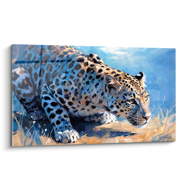 Tableau Guépard bleu et ocre tapi dans l'herbe - Regard félin figé - Edition Guépard