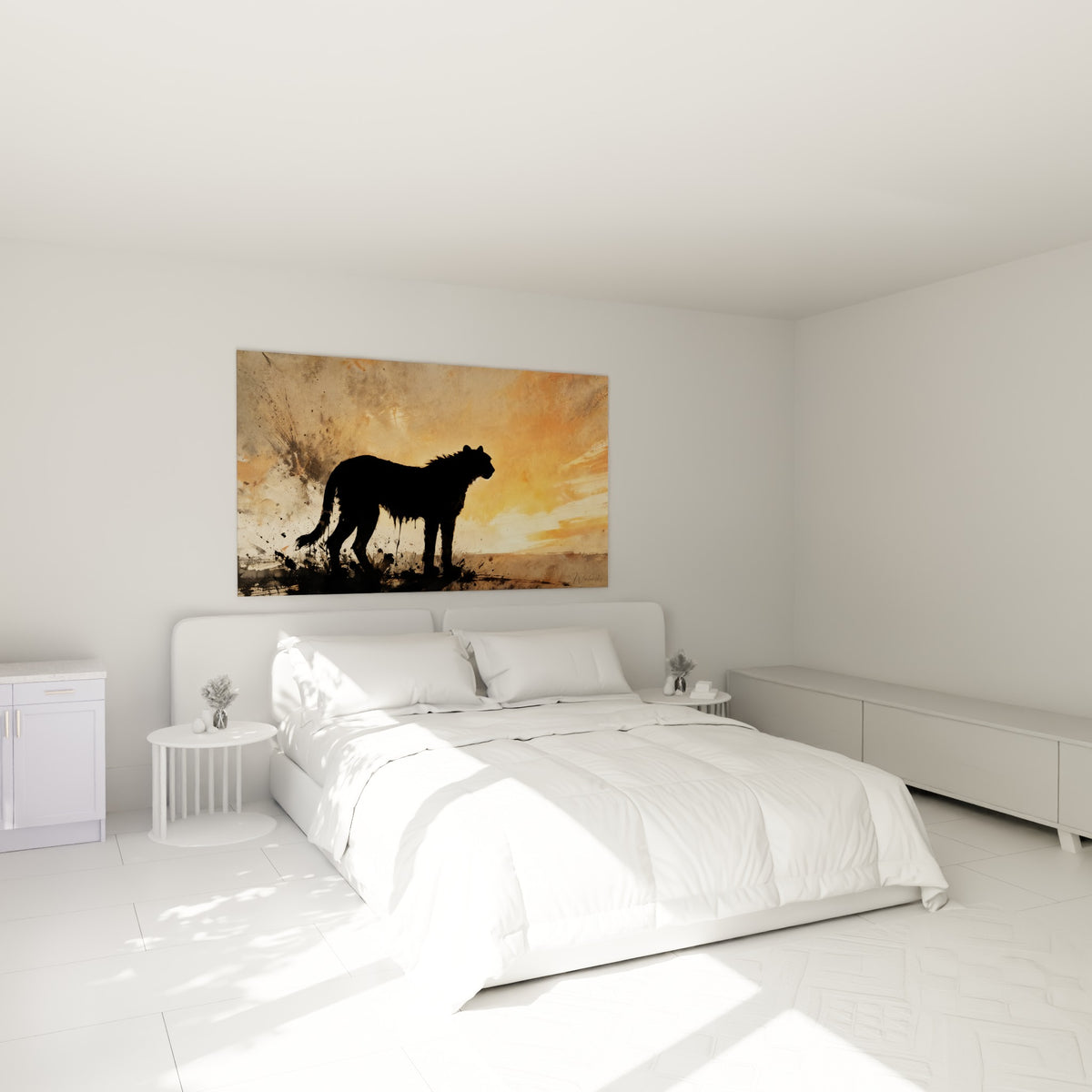 Guépard noir profilé sur fond terracotta accroché au-dessus d'un lit dans une chambre claire