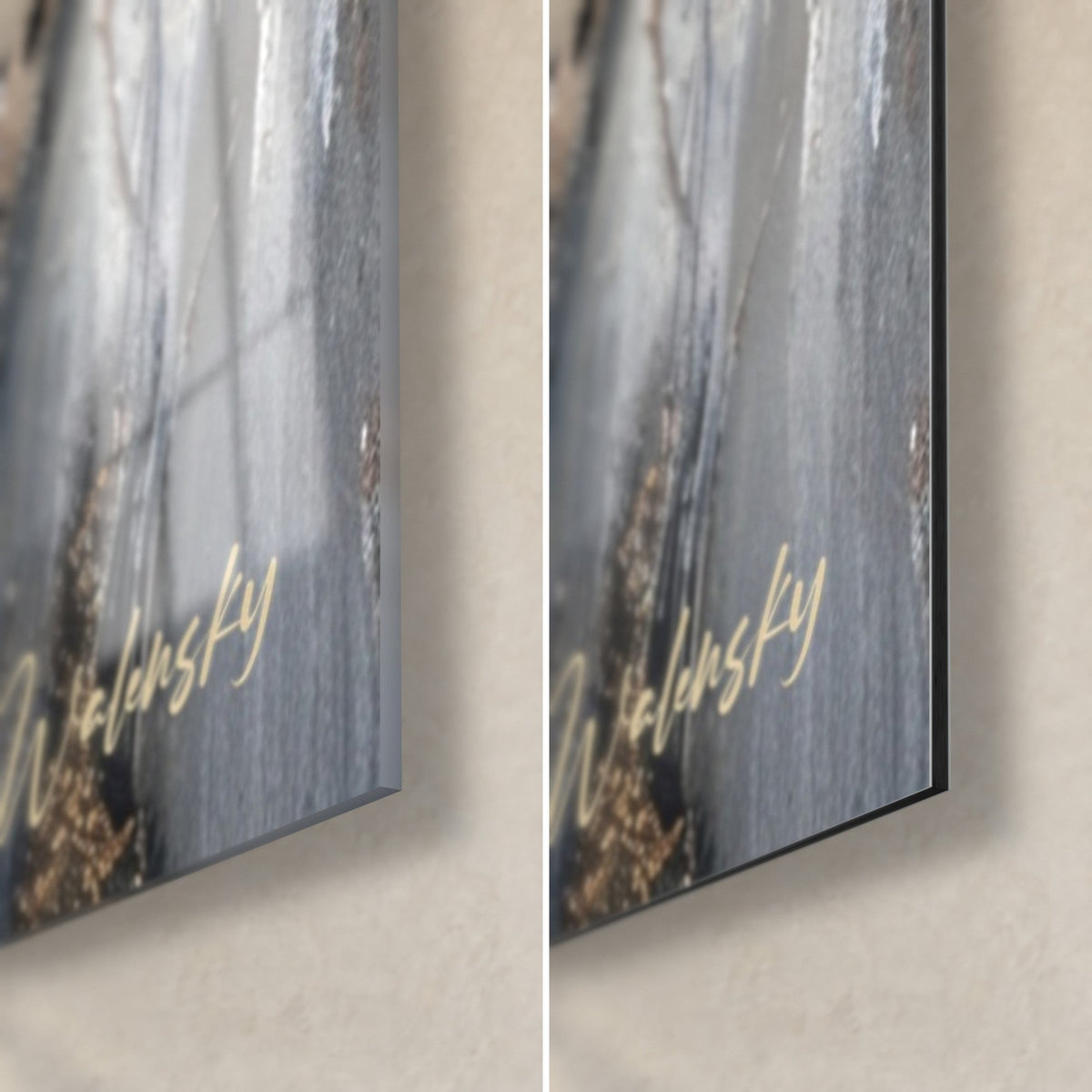 Wall art of a golden cheetah, lower right corner: glossy acrylic glass with reflections, matte black Dibond aluminum, 3 mm edge, signature
