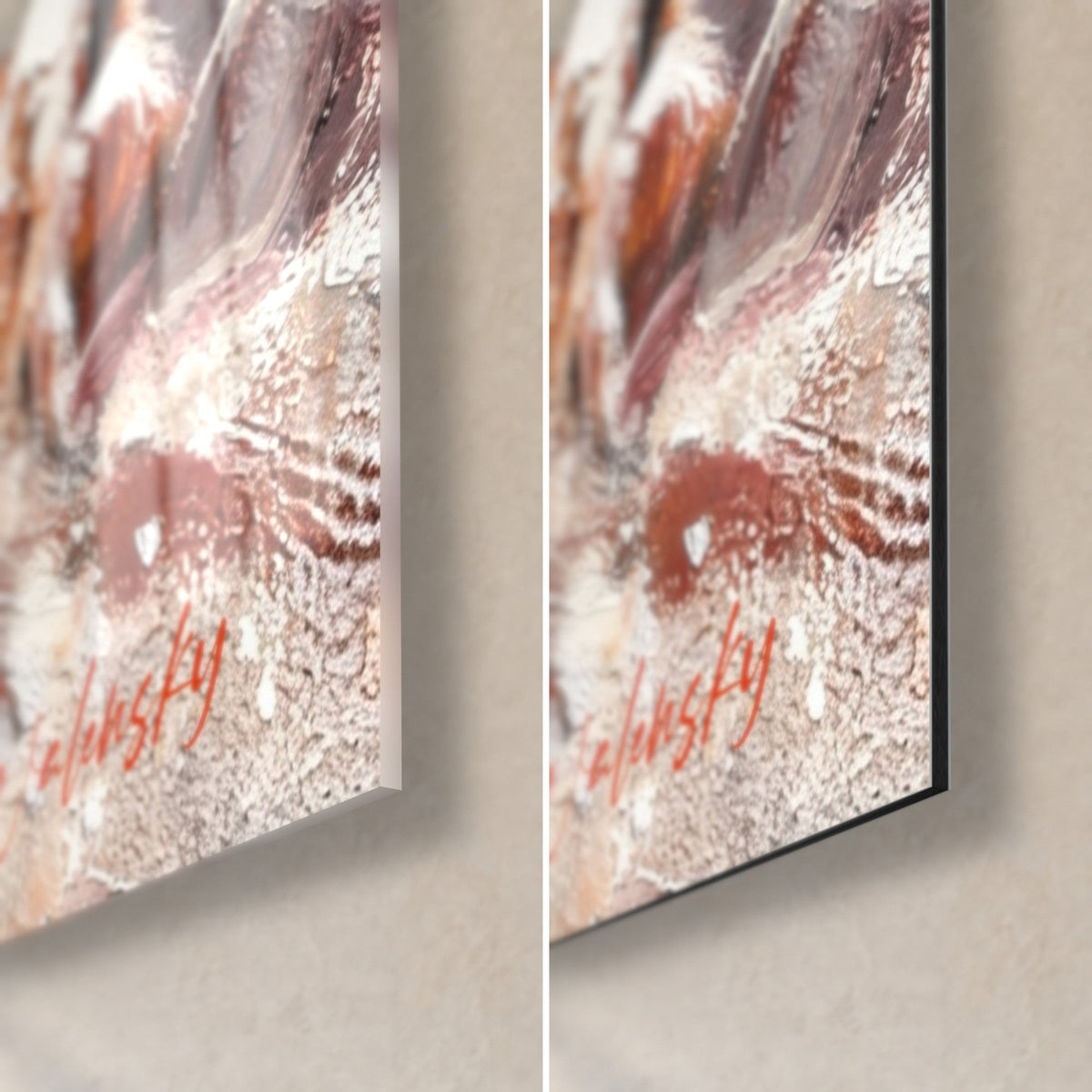 Tableau guépard endormi, coin bas droit, signature Walensky orange, verre acrylique brillant à gauche, Dibond mat noir à droite, tranche 3 mm