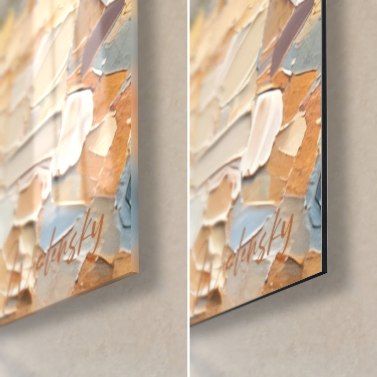 Tableau guépards peints au couteau, coin bas droit : verre acrylique brillant à gauche, alu Dibond mat à droite, bleu et ocre