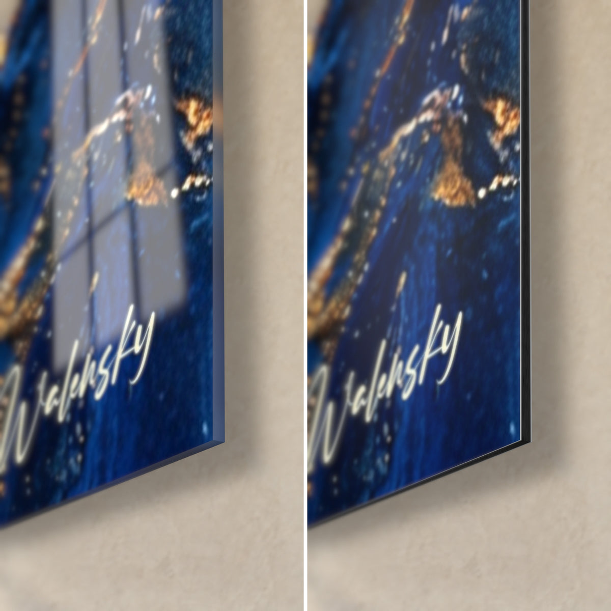 Tableau guépard doré et bleu, coin bas droit : verre acrylique brillant aux reflets, Dibond mat, tranche de 3 mm