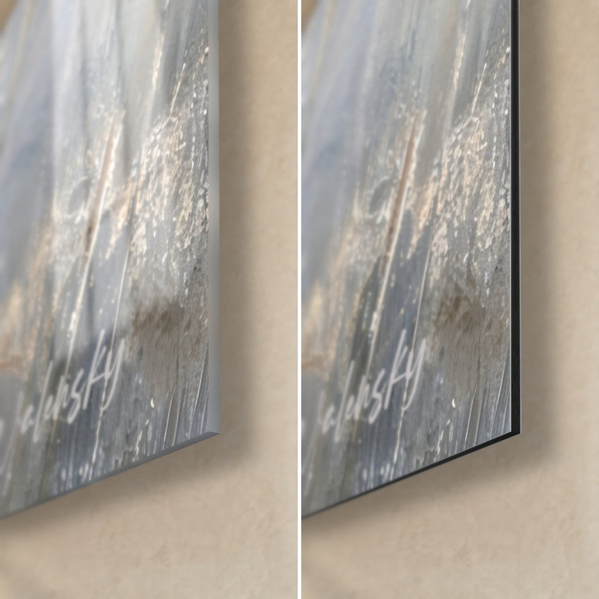 Gemälde Gepard gemalt, untere rechte Ecke: glänzendes Acrylglas links, mattschwarzes Alu-Dibond rechts, 3 mm Kante und Signatur