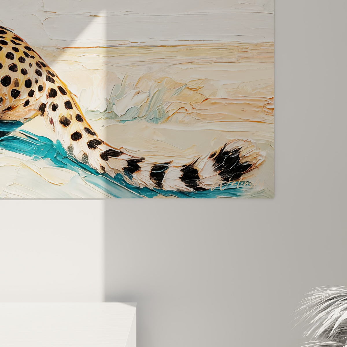 Empâtements turquoise et taches noires du pelage de guépard, matière épaisse et coulures visibles de près
