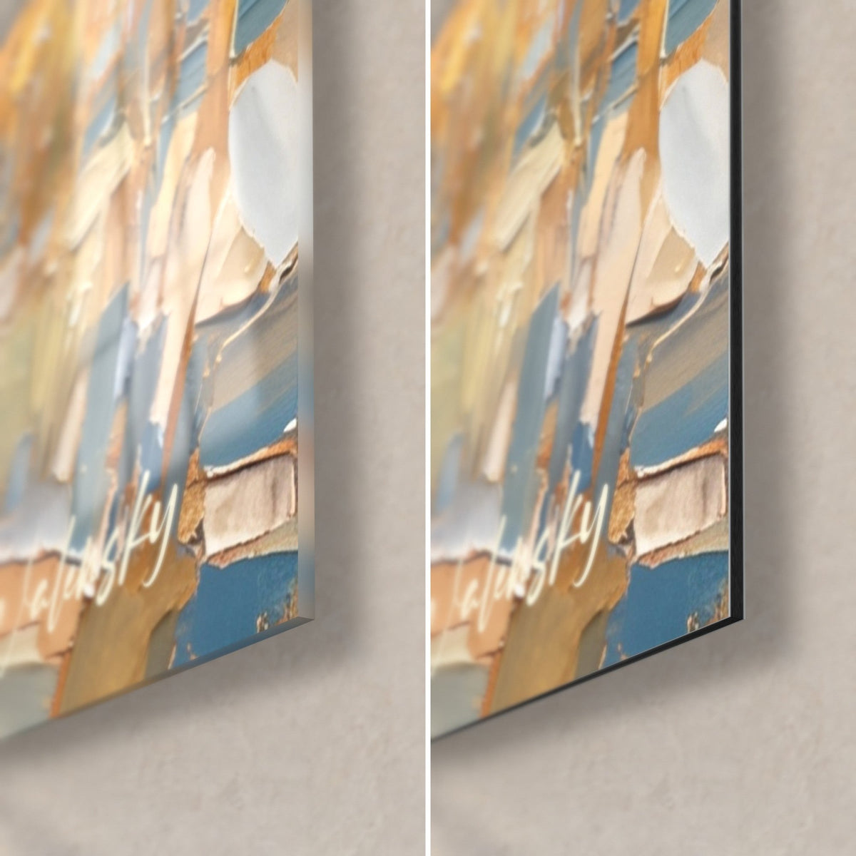 Gemälde Gepardenpaar in Spachteltechnik, unten rechts: glänzendes Acrylglas links, mattschwarzes Dibond rechts