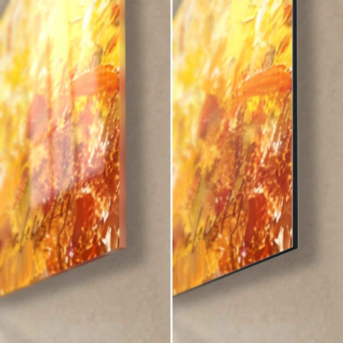 Wall art of a cheetah painted with a palette knife, bottom right corner: glossy acrylic glass on the left, matte black Dibond on the right, 3 mm edge
