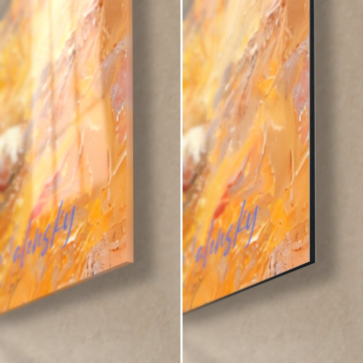 Gemälde eines liegenden Geparden, untere rechte Ecke: glänzendes orangefarbenes Acrylglas links, matt-finish Alu-Dibond rechts, blaue Signatur, schwarze Kante
