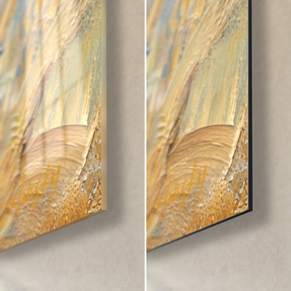 Tableau guépard au pelage ocre moucheté, coin bas droit : verre brillant à gauche, alu Dibond mat et tranche noire à droite