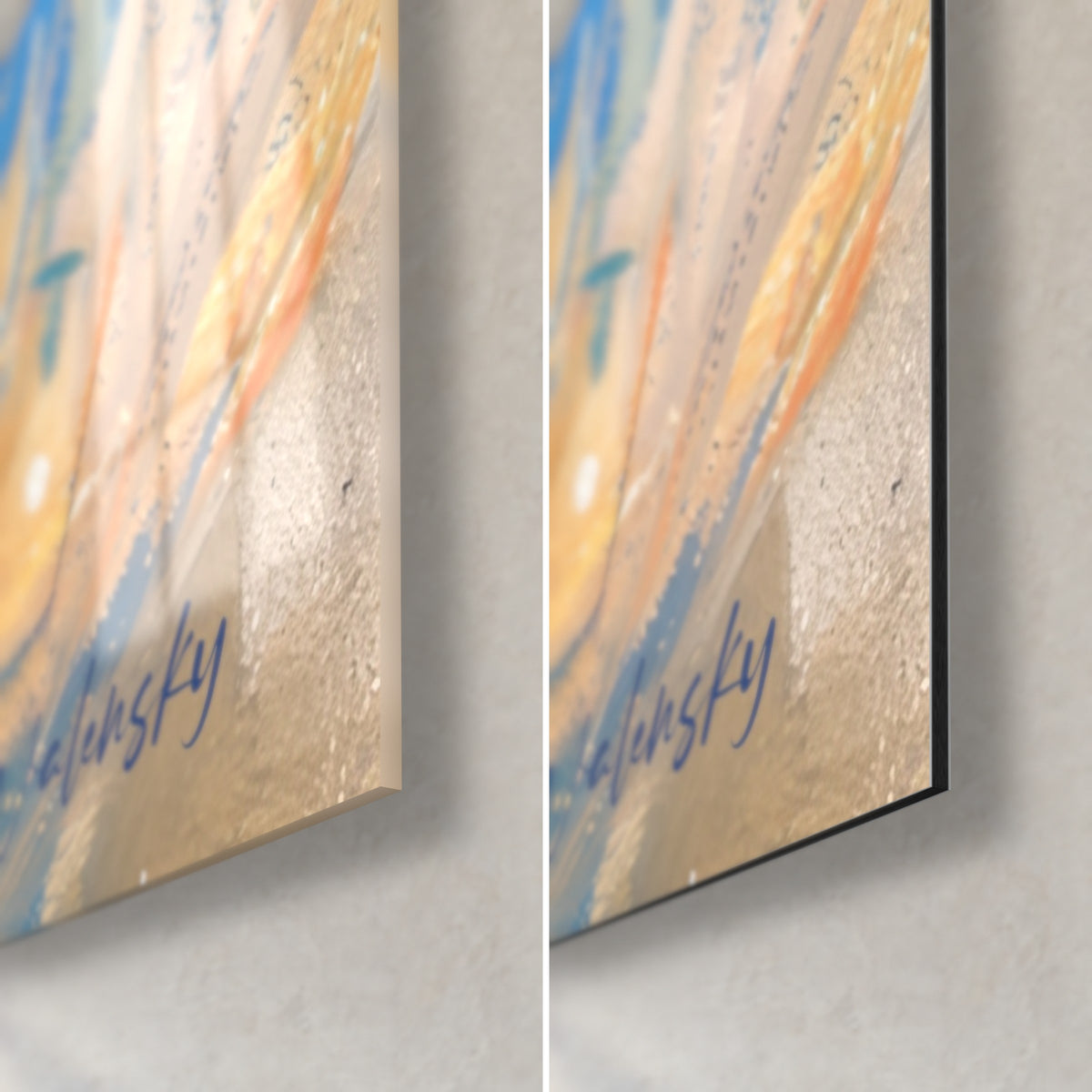 Quadro di un leopardo in blu e ocra, angolo in basso a destra: vetro acrilico lucido a sinistra, alluminio Dibond opaco a destra, spessore 3 mm