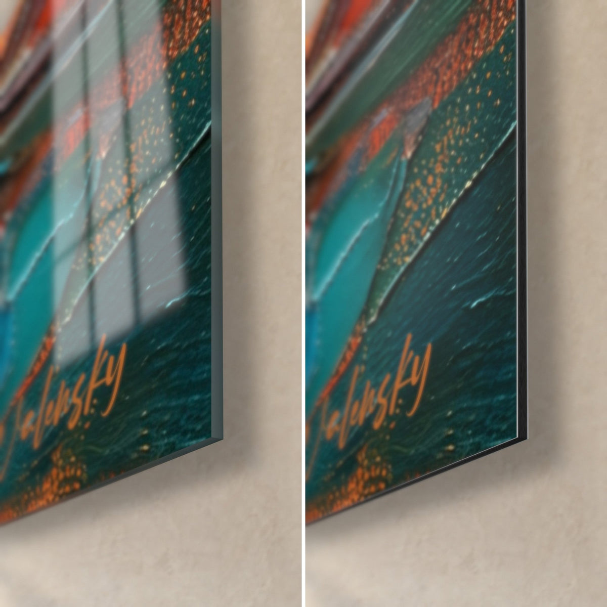 Tableau guépards à la mare turquoise, coin bas droit : signature cuivrée, verre brillant à gauche, Dibond mat à droite, tranche 3 mm