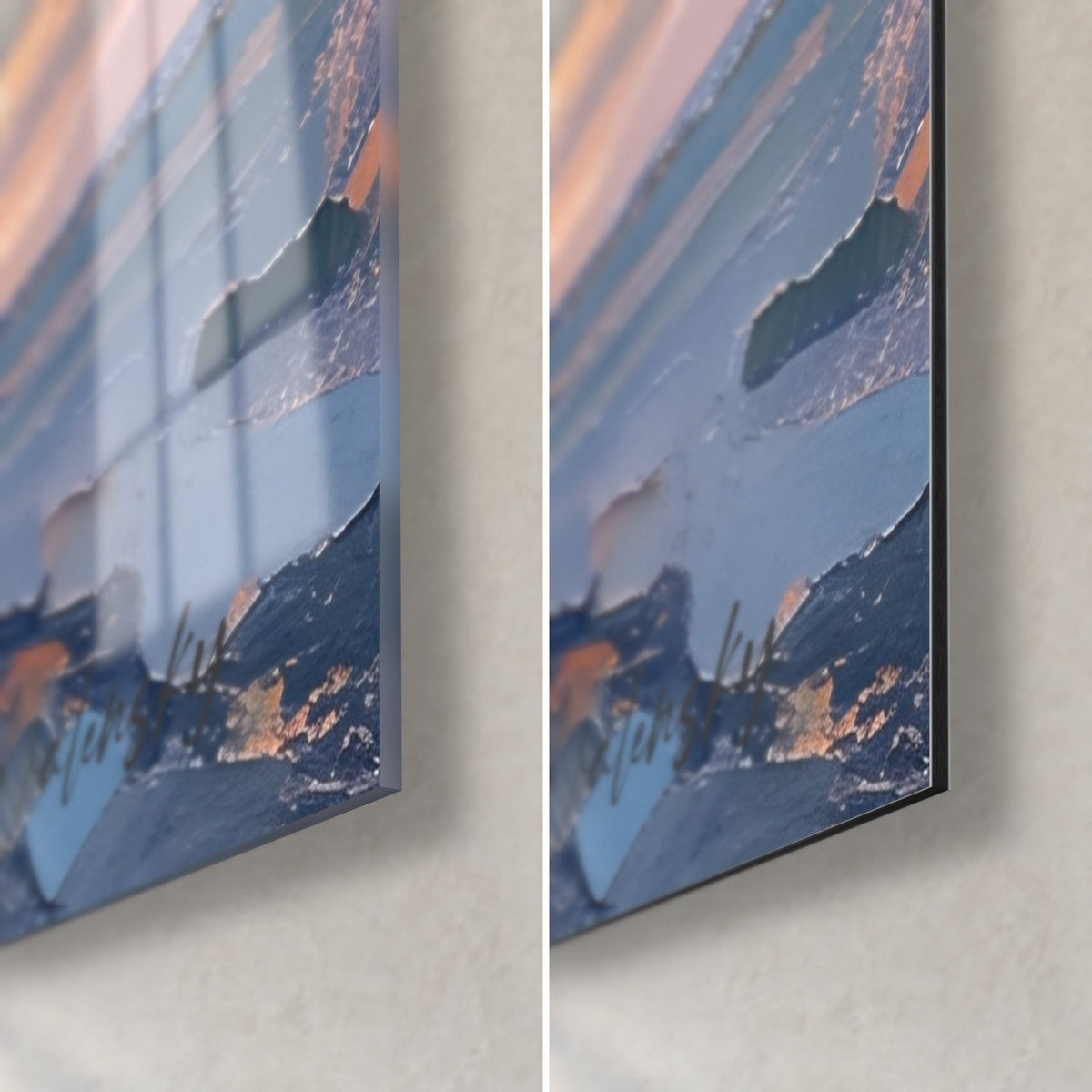 Gemälde eines Geparden in Spachteltechnik, untere rechte Ecke in Nachtblau und Orange, glänzendes Glas links, mattes Dibond rechts