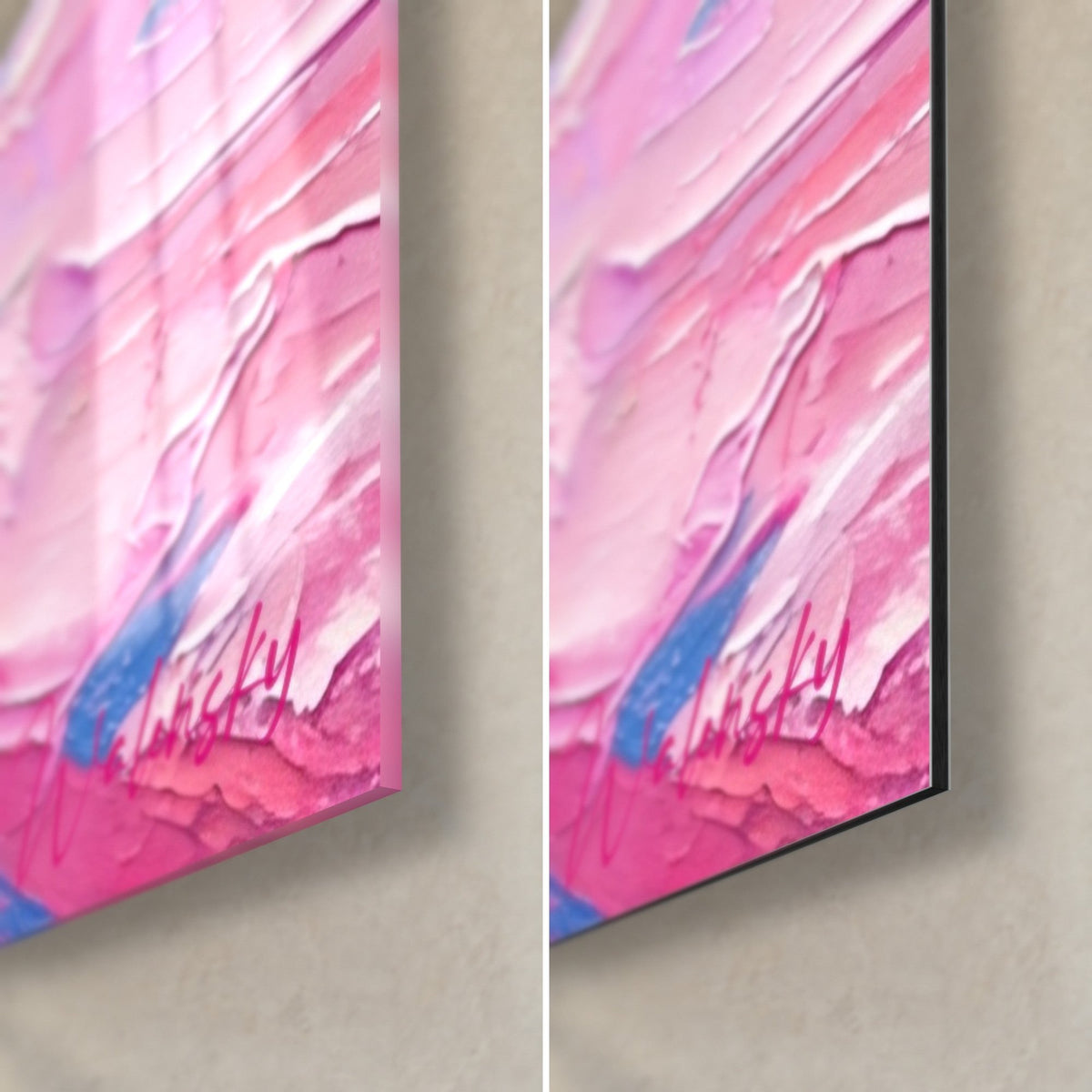 Gemälde Gepard rosa, untere rechte Ecke: glänzendes Glas links, mattes Dibond-Aluminium rechts, Puderrosa und Blau, 3 mm Kante