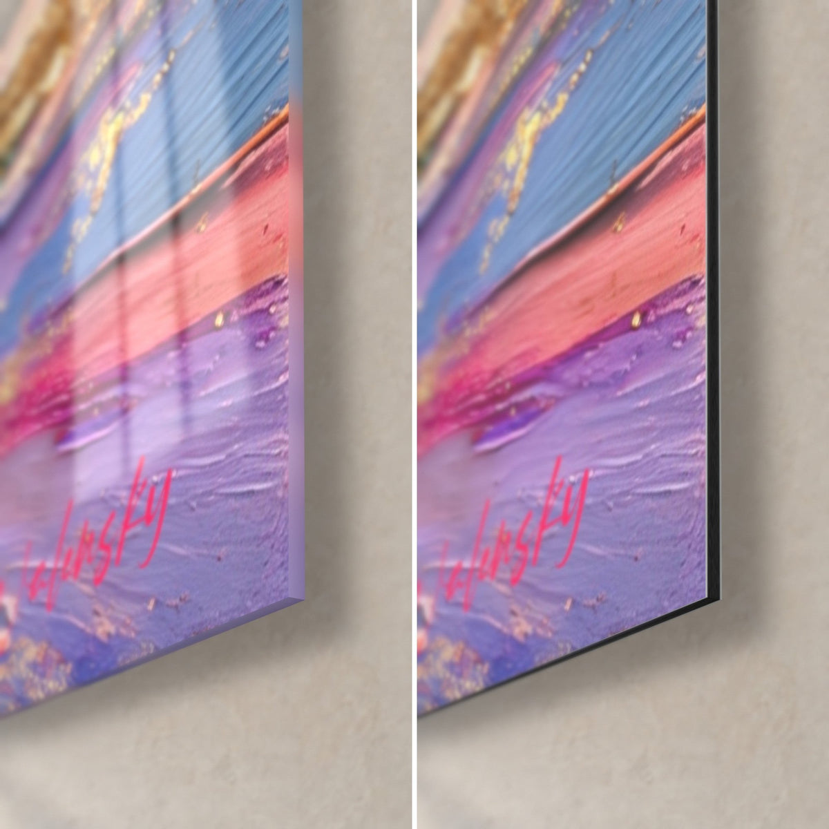Gemälde eines rosa und türkisfarbenen Geparden, untere rechte Ecke: glänzendes Acrylglas links, mattschwarzes Dibond rechts, 3 mm Kante