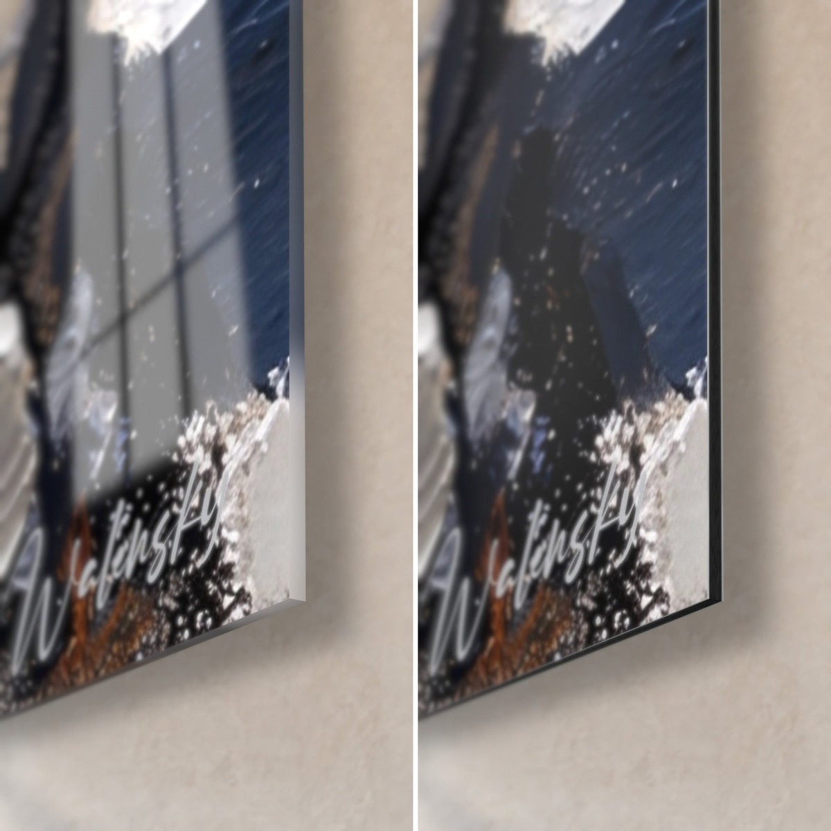 Wall art of a shattered wild cat, bottom right corner: glossy acrylic glass on the left, matte Dibond aluminium on the right, pearl grey and midnight blue shards, 3 mm edge