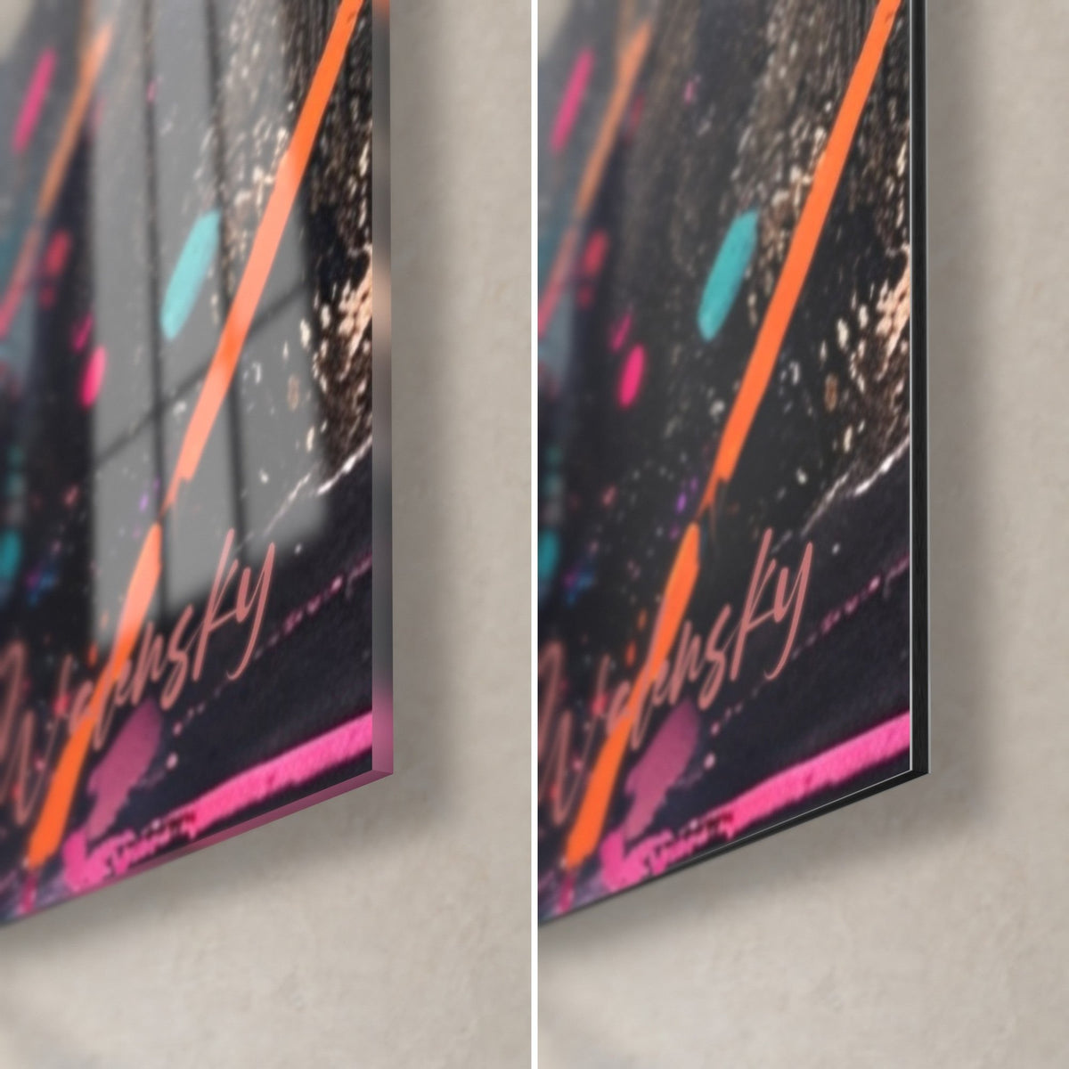 Gemälde Gepard mit Jungen in Fuchsia, untere rechte Ecke: glänzendes Acrylglas links, mattes schwarzes Dibond rechts, 3 mm Kante