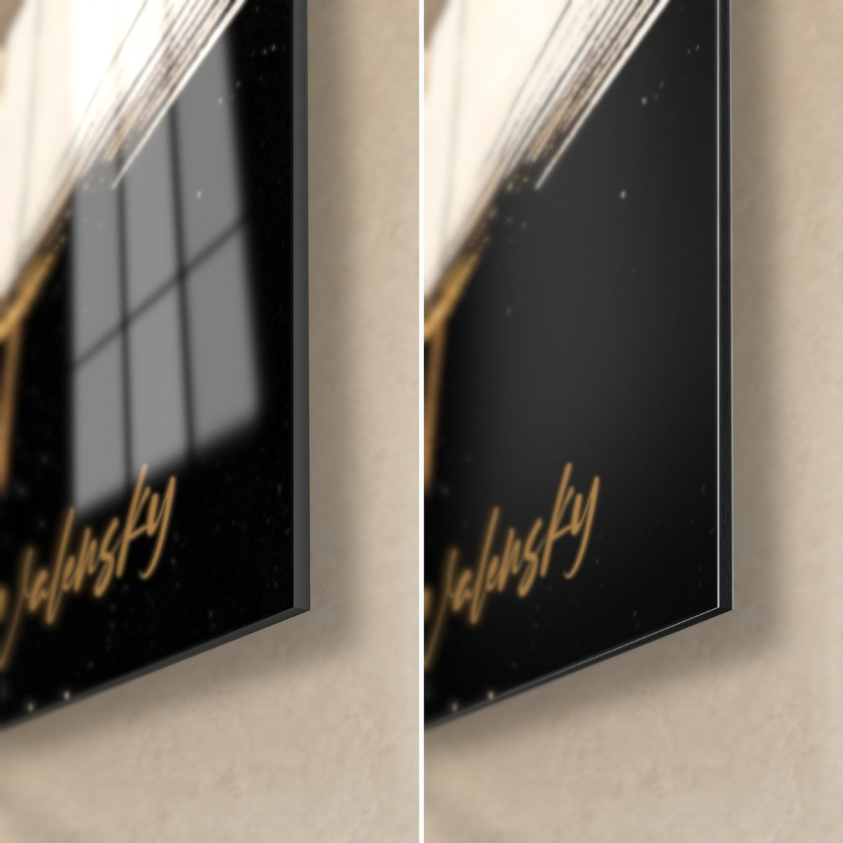 Wall art black cheetah, bottom right corner: golden drips on deep black, gold signature, glossy acrylic glass on the left, matte Dibond on the right