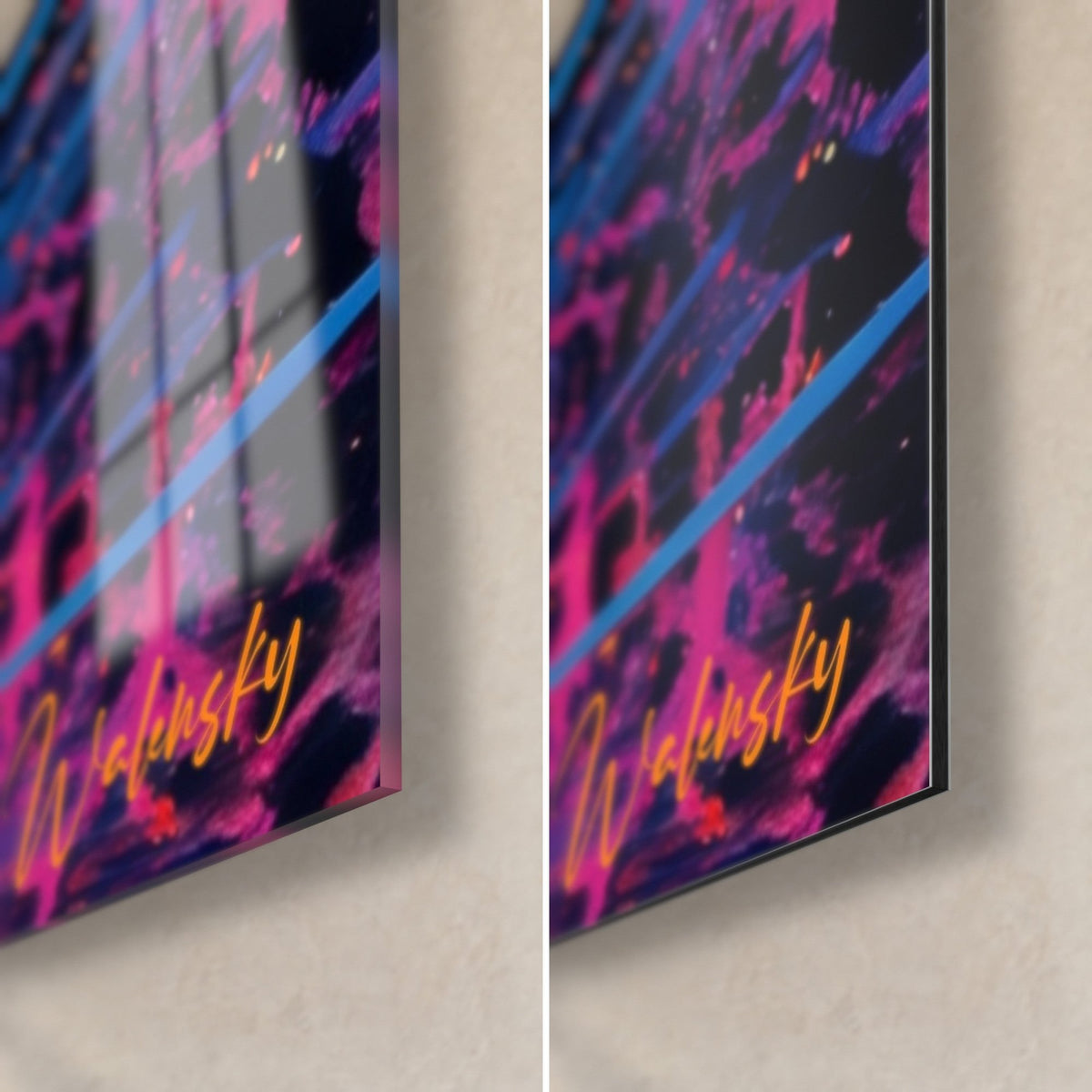 Schilderij roze gevlekte panter, rechtsonder: glanzend glas met reflecties links, mat Dibond rechts, rand van 3 mm