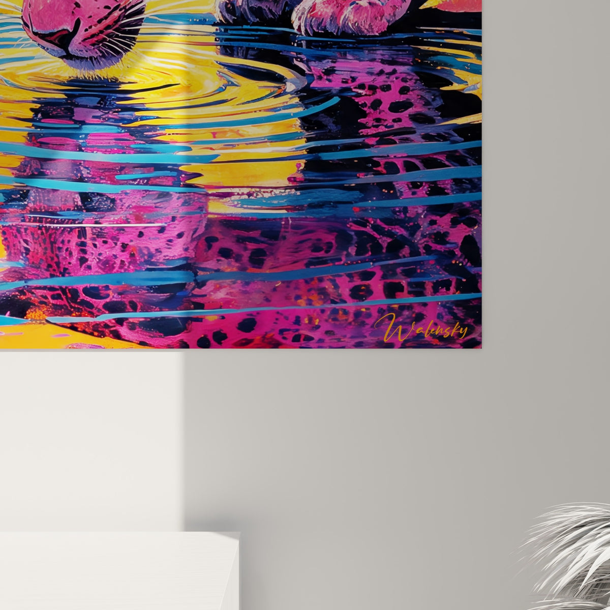 Empâtements roses et orangés se mêlant aux coulures bleu pétrole, grain de peinture visible sur la toile