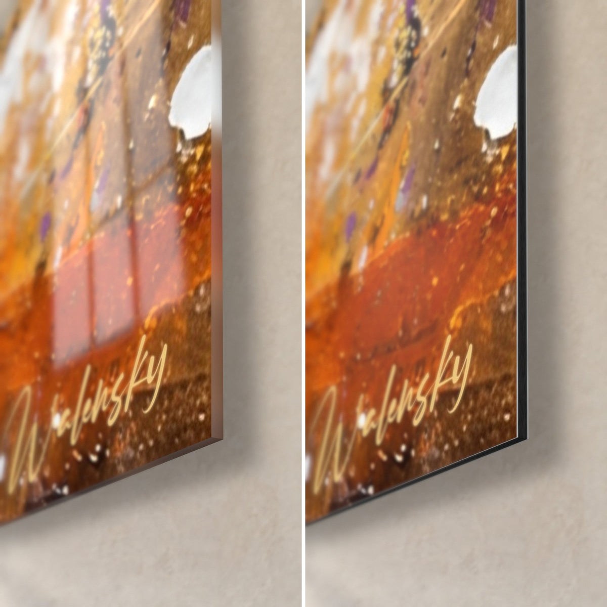 Wall art of a golden cheetah, bottom right corner: orange and cream splashes, glossy glass on the left, matte Dibond on the right, 3 mm edge