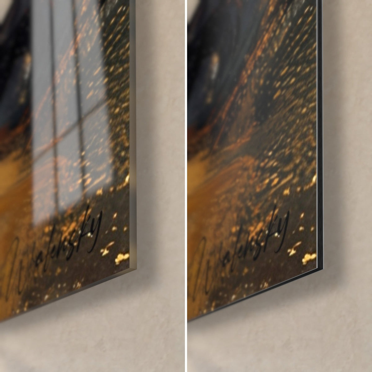 Cuadro madre pantera y su pequeño rojizo, esquina inferior derecha: cristal acrílico brillante con reflejos de ventana, Dibond mate negro y dorado, canto de 3 mm