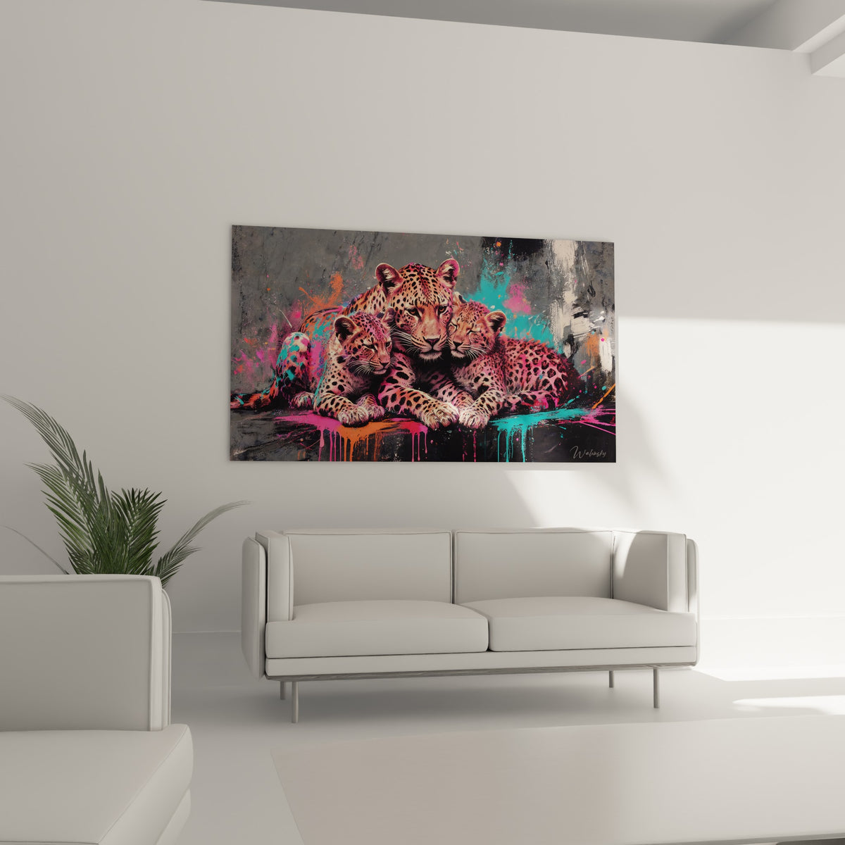Trio de léopards colorés aux regards tendres, suspendu au-dessus d'un canapé dans un salon lumineux