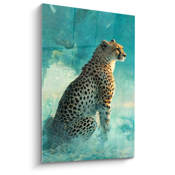 Tableau Guépard doré assis sur fond turquoise brumeux - Éclaboussures givrées - Edition Guépard