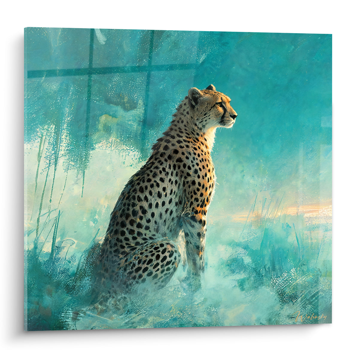 Tableau guépard assis de profil, pelage ocre et fauve tacheté, fond turquoise brumeux et lumière dorée à l'horizon