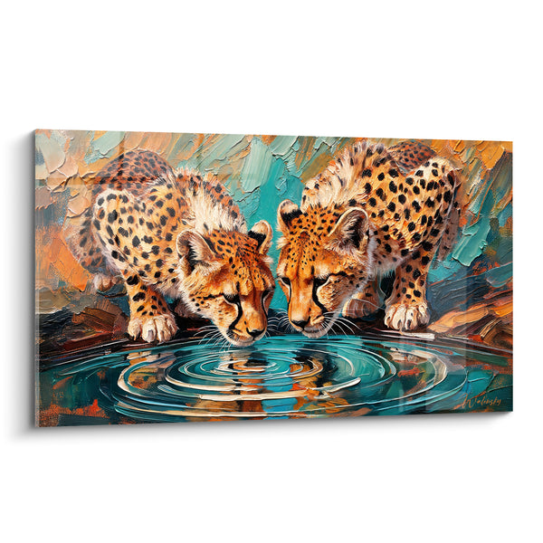 Tableau Guépards buvant à un point d'eau turquoise - Halte au point d'eau - Edition Guépard