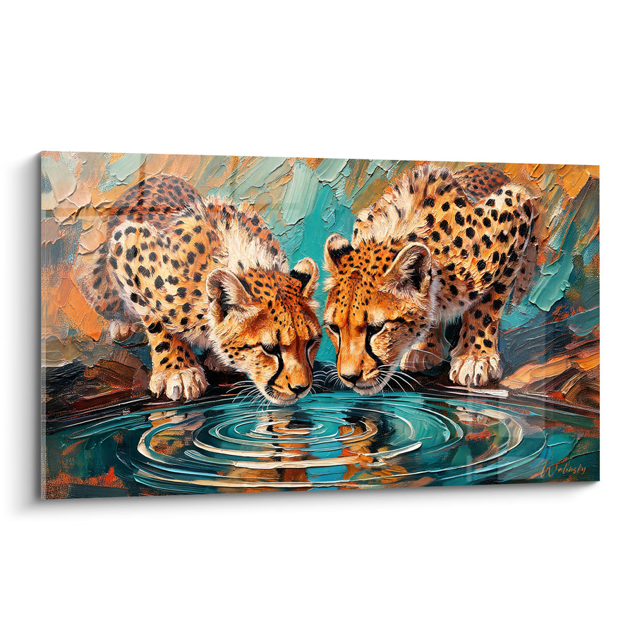 Tableau Guépards buvant à un point d'eau turquoise - Halte au point d'eau - Edition Guépard