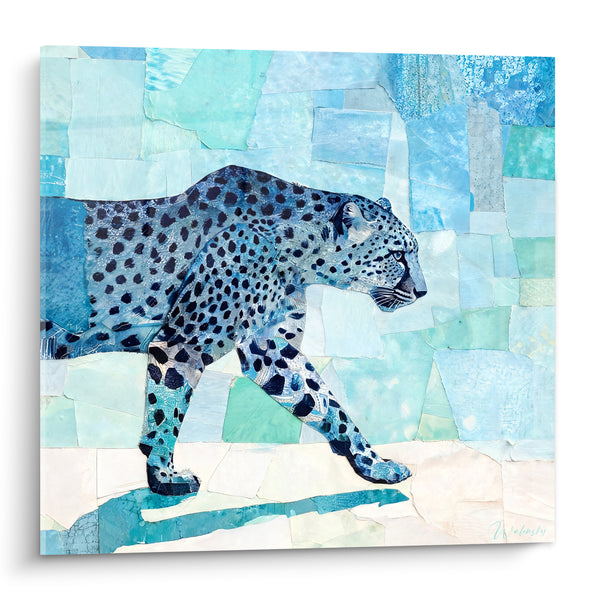 Tableau Guépard turquoise en pleine marche - Traversée silencieuse - Edition Guépard