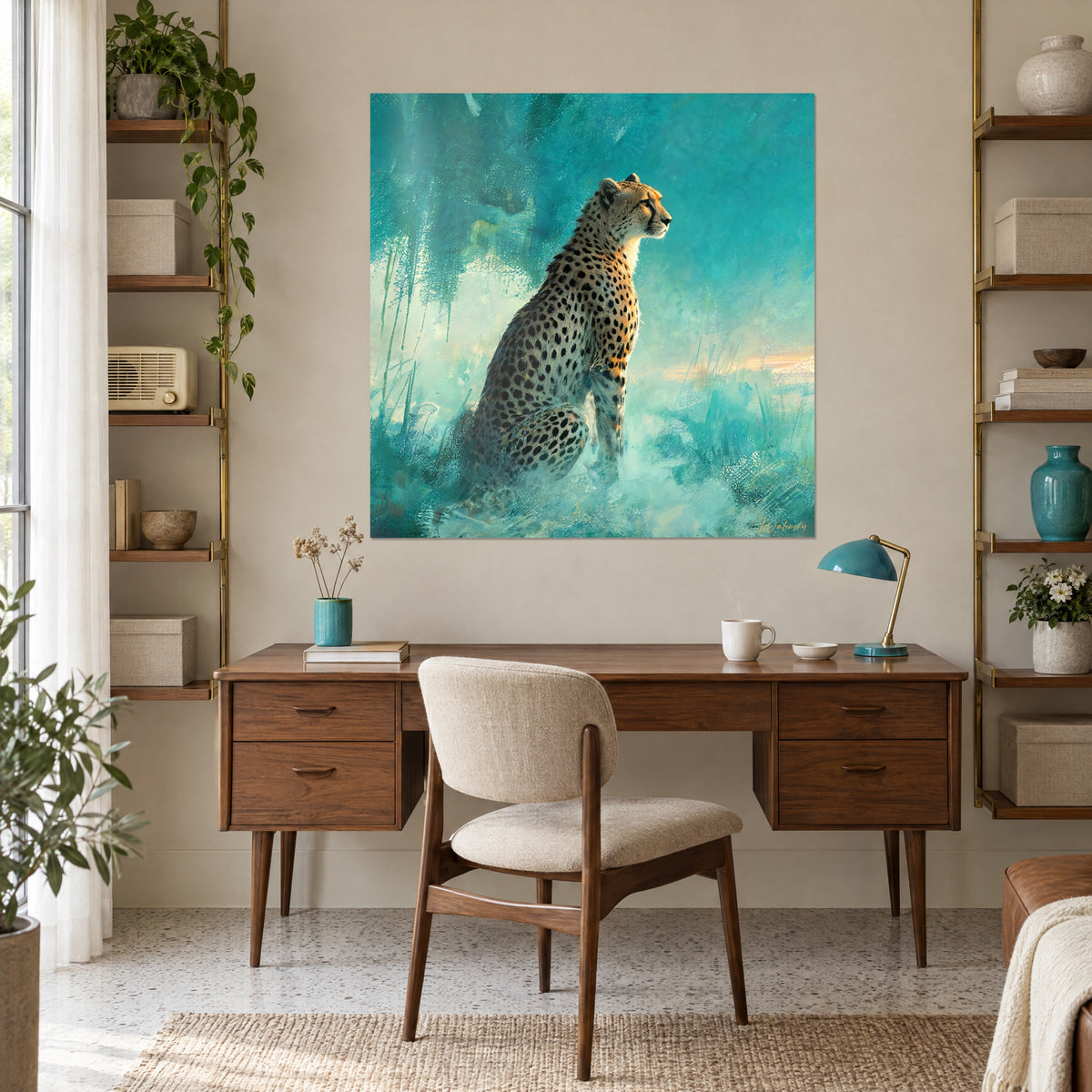 Tableau fauve élancé à la fourrure dorée, ciel turquoise et touches rosées, au-dessus d'un bureau en teck et d'une lampe bleue
