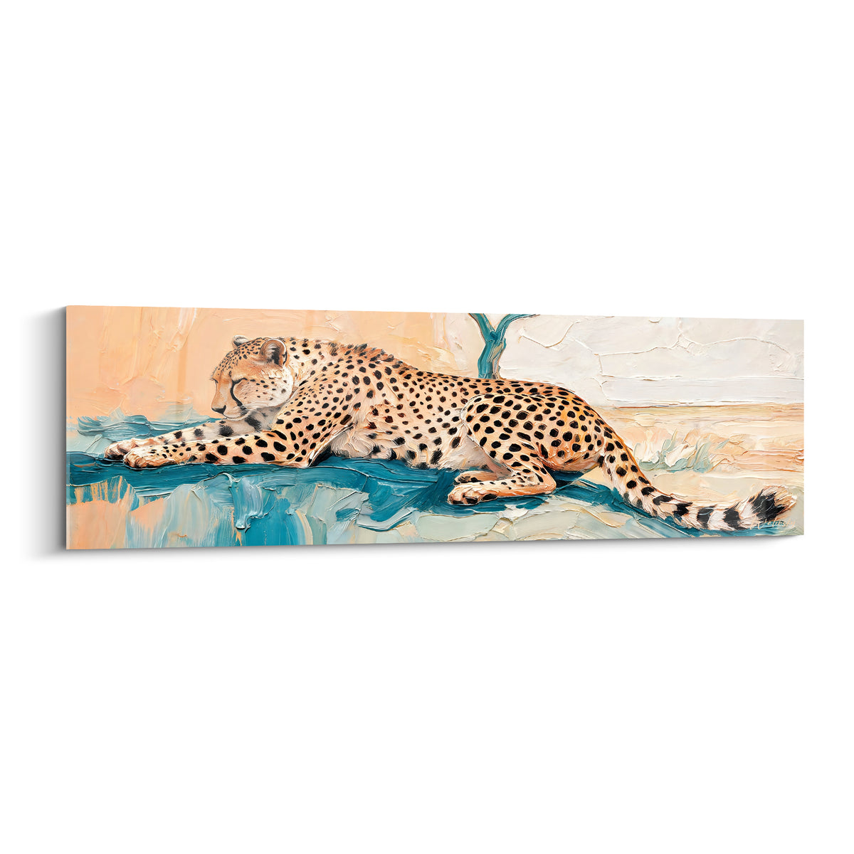 Guépard allongé aux taches noires sur fond turquoise et pêche, peinture texturée en gros plan