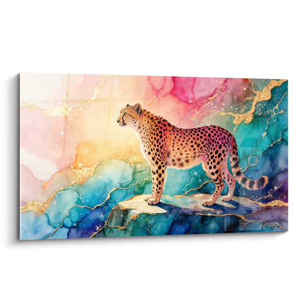 Tableau Guépard sur roche fond turquoise et rose - Vigie irisée - Edition Guépard