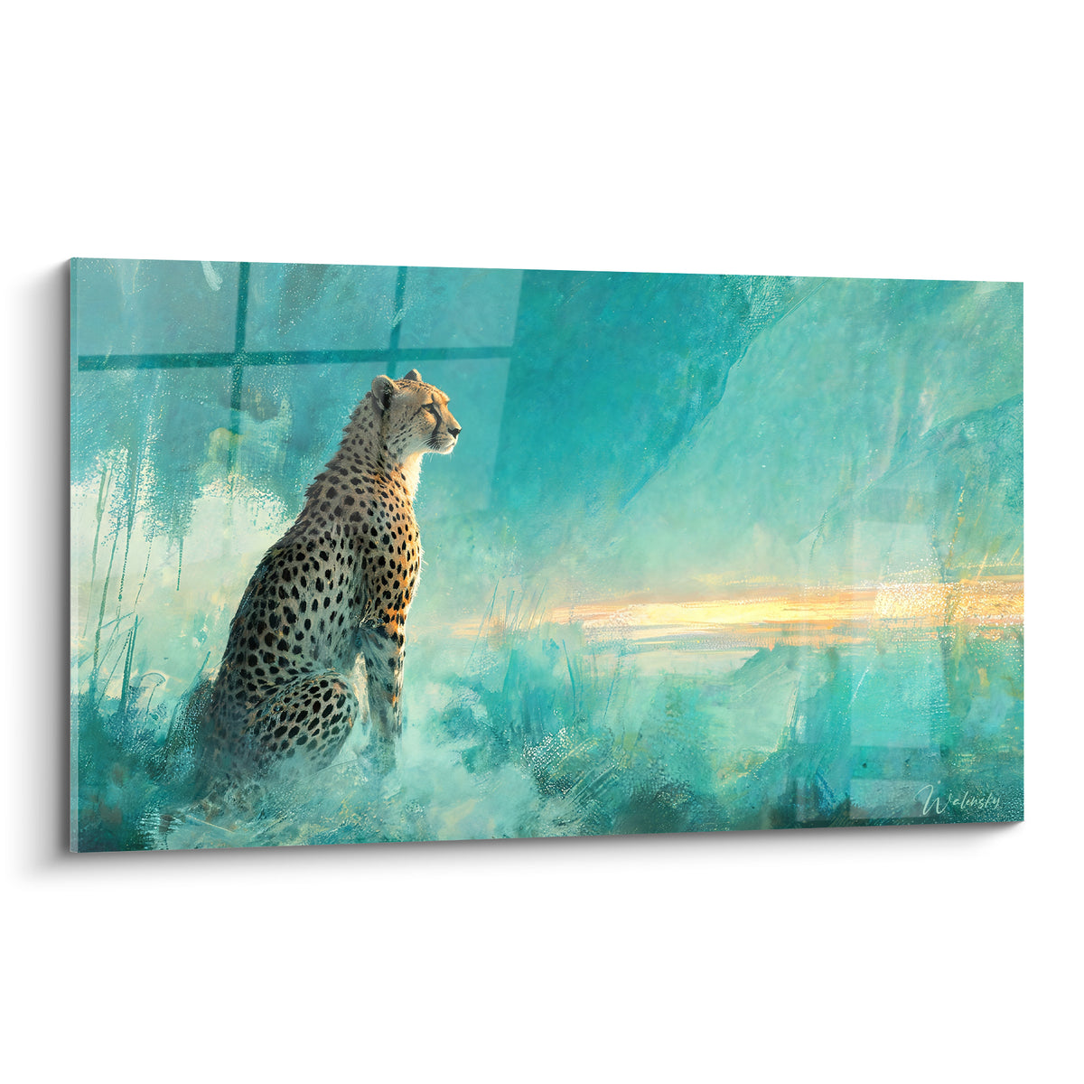 Guépard assis face à un horizon doré, robe tachetée ocre et noire sur fond turquoise brumeux