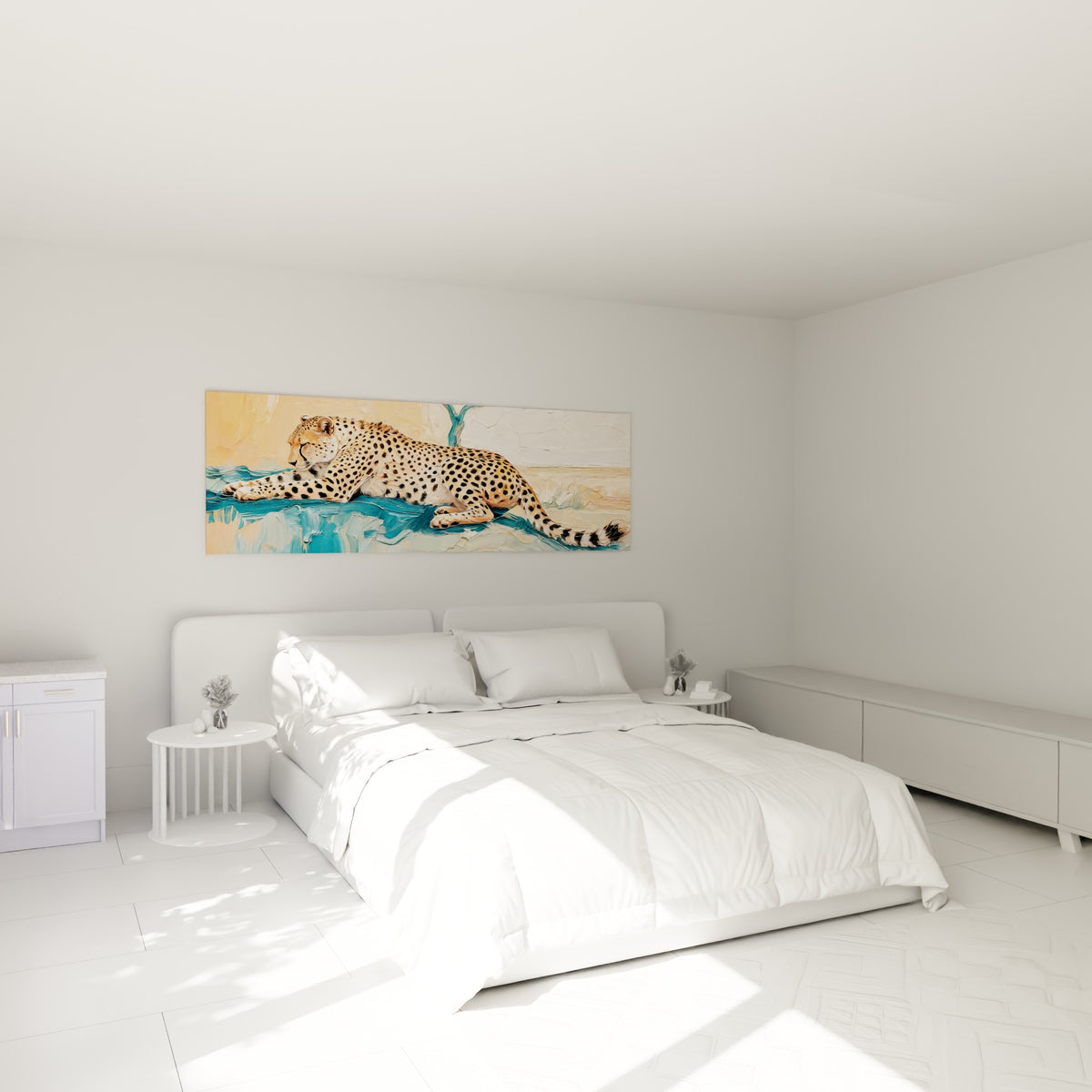 Guépard couché sur vagues turquoise et crème, accroché au-dessus d'un lit dans une chambre claire