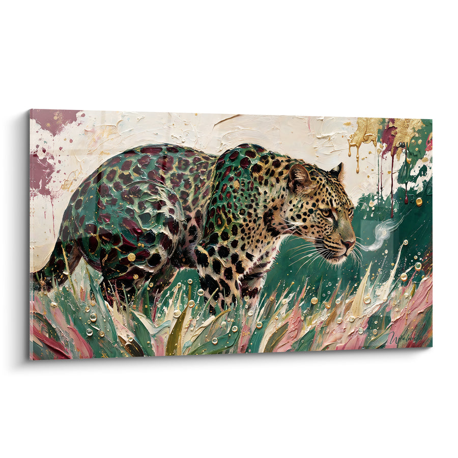 Tableau Guépard vert émeraude aux herbes roses - Avancée silencieuse - Edition Guépard