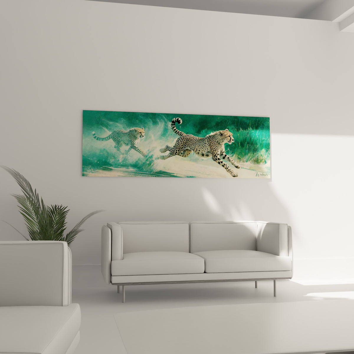 Course de guépards sable sur fond vert émeraude, au-dessus d'un canapé dans un salon lumineux