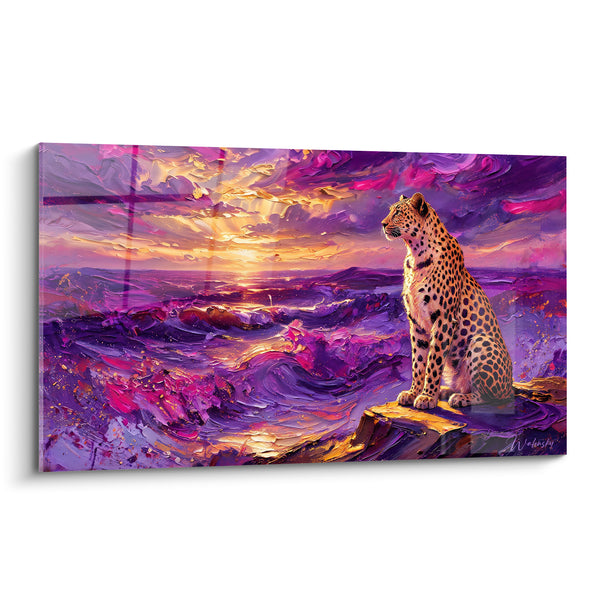 Tableau Guépard assis sur promontoire violet et doré - Veille au crépuscule - Edition Guépard