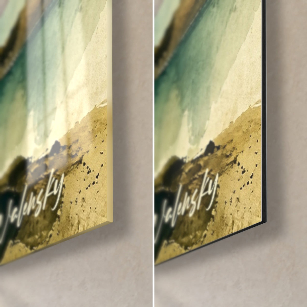 Schilderij zoutpannen van Guérande, rechtsonder: glanzend acrylglas links, mat Dibond-aluminium rechts, 3 mm rand, handtekening